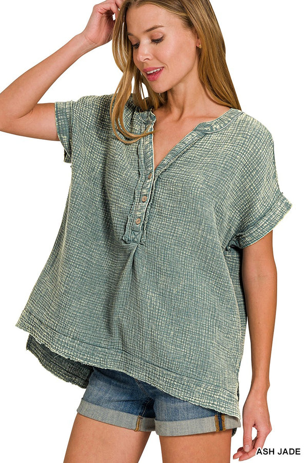 Washed Double Gauze 3/4 Button Henley Neck Shirt in Ash Jade
