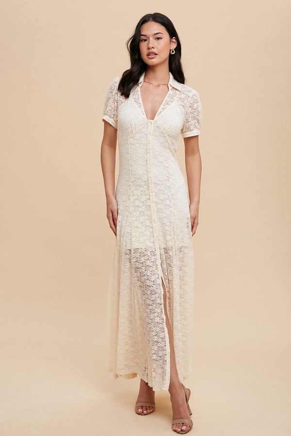 A LINE LACE BUTTON UP DRESS WITH SLIP