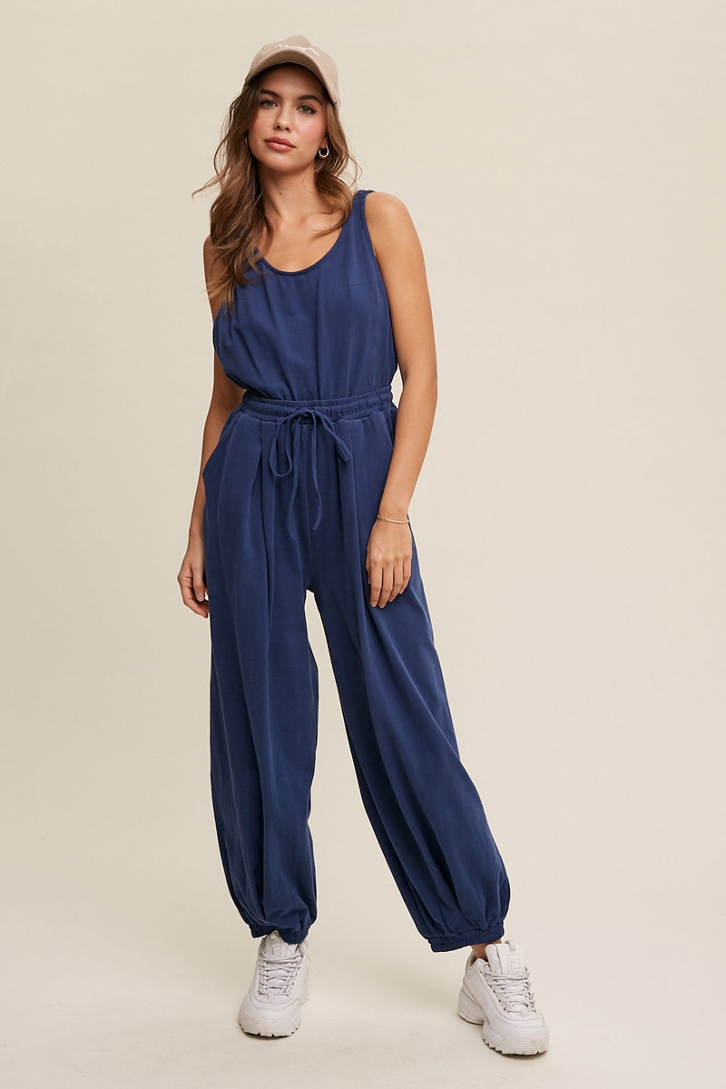 Tank and Jogger Pants Open Back Knit Jumpsuit in Navy