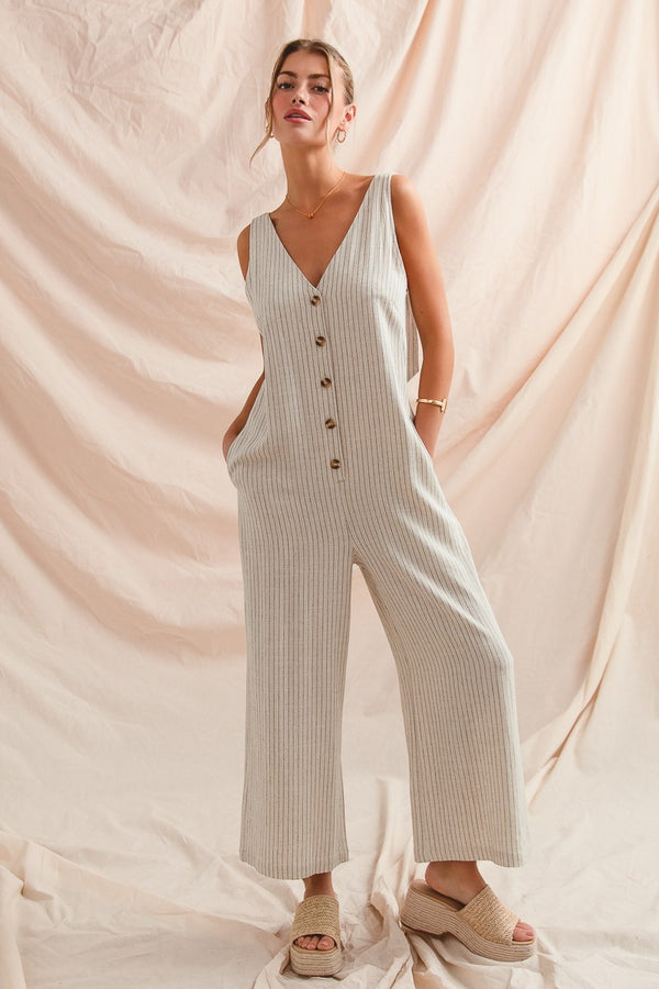 Button Front Stripe Linen Blend Jumpsuit Overalls