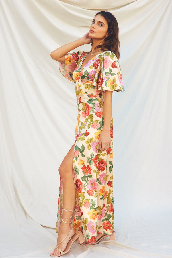 Gift of Love Flutter Sleeve Plunging Maxi Dress- Final Sale