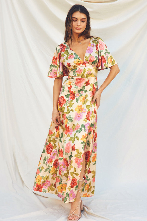 Gift of Love Flutter Sleeve Plunging Maxi Dress- Final Sale