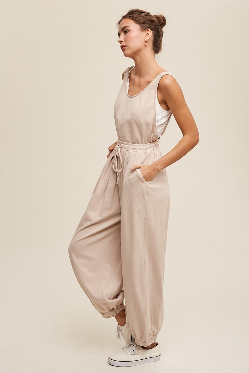 Tank and Jogger Pants Open Back Knit Jumpsuit in Oatmeal