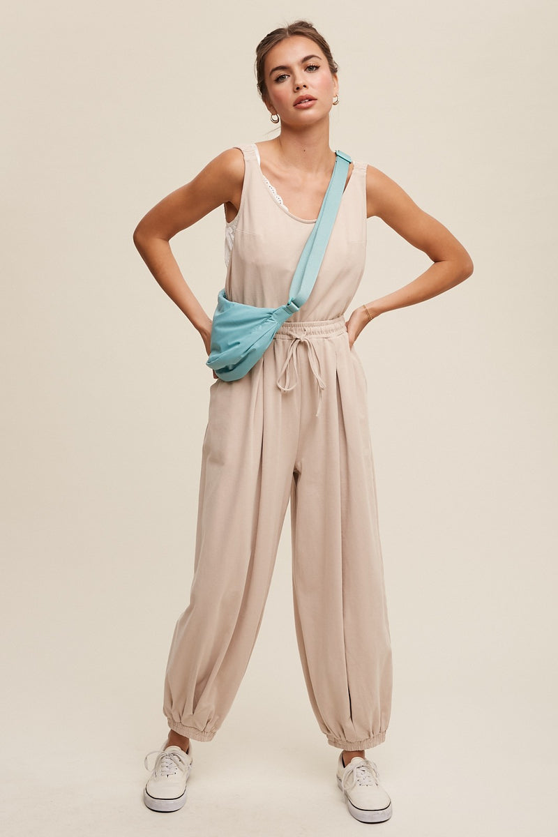 Tank and Jogger Pants Open Back Knit Jumpsuit in Oatmeal