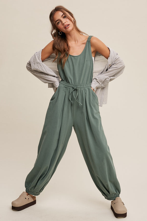 Tank and Jogger Pants Open Back Knit Jumpsuit in Green