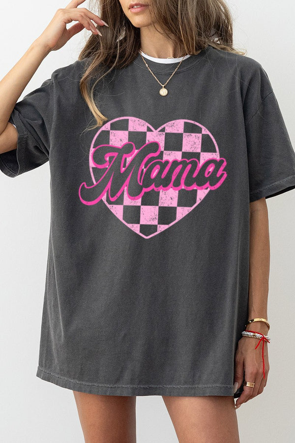 Mama Checkered Heart Comfort Colors Tee in Pepper
