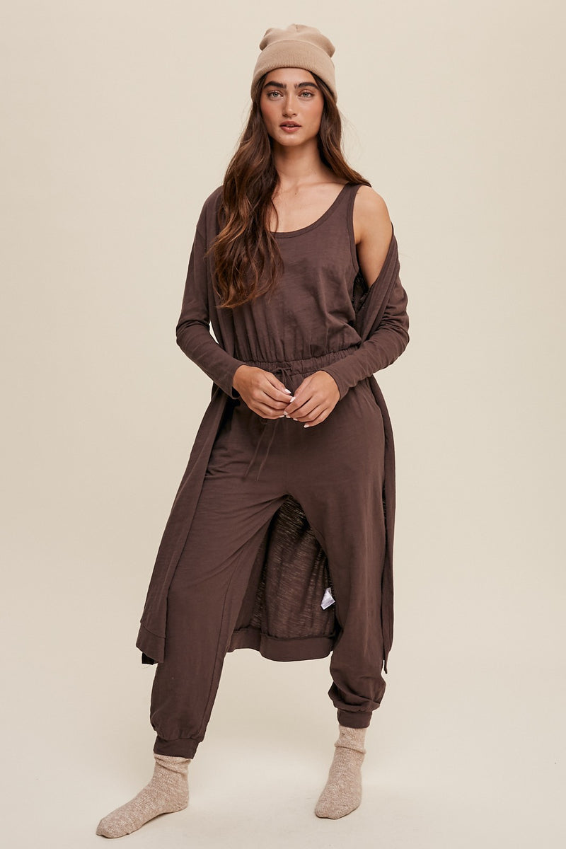 Cotton Jumpsuit and Long Cardigan Knit Set in Brown