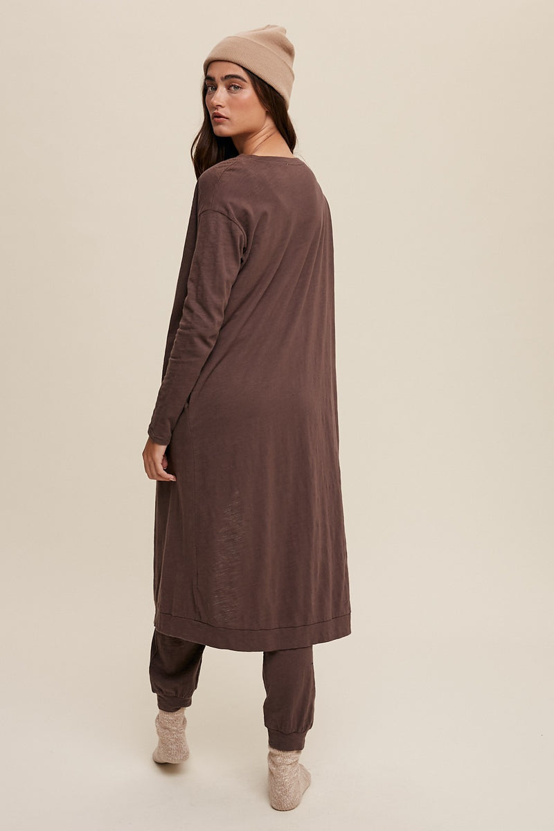 Cotton Jumpsuit and Long Cardigan Knit Set in Brown