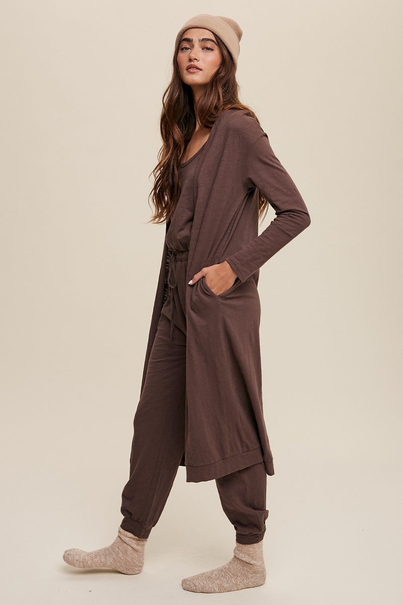 Cotton Jumpsuit and Long Cardigan Knit Set in Brown