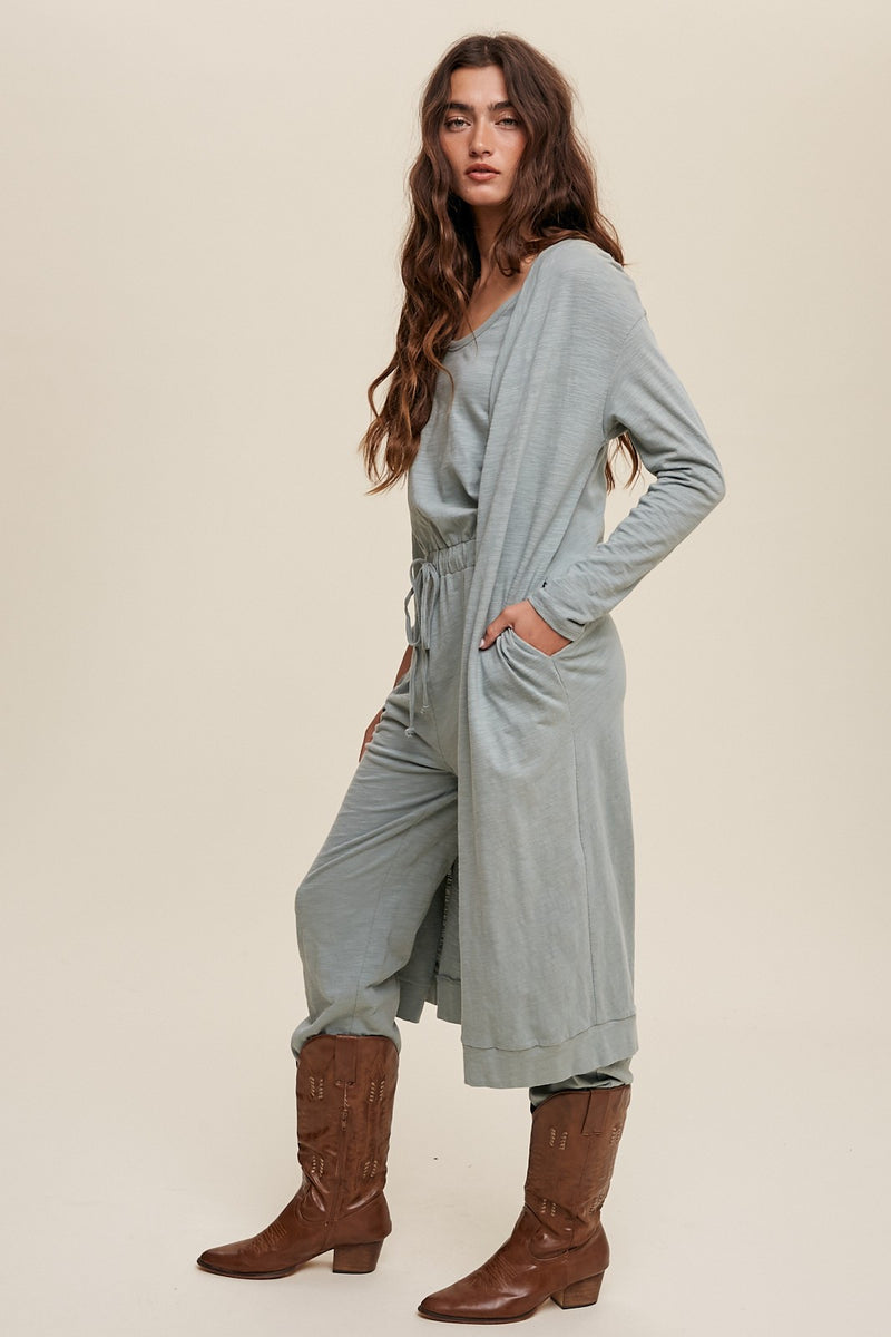 Cotton Jumpsuit and Long Cardigan Knit Set in Sage