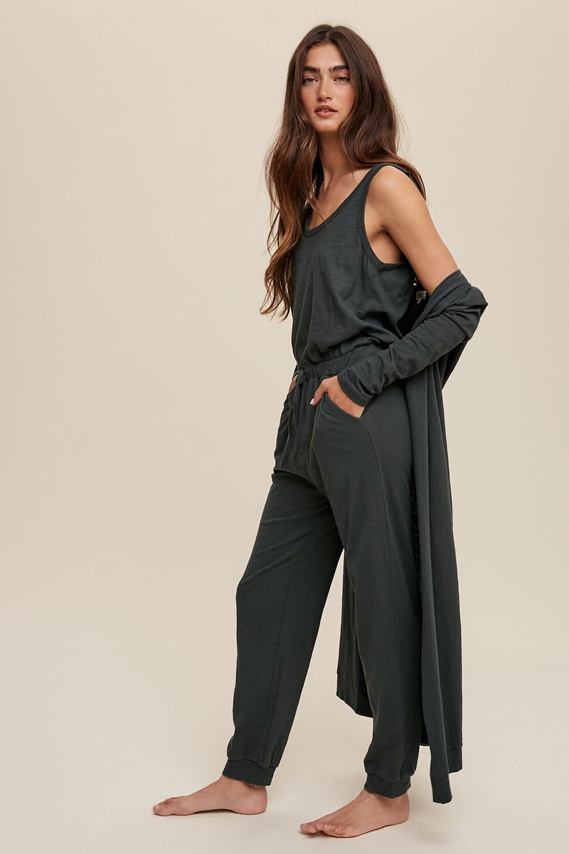 Cotton Jumpsuit and Long Cardigan Knit Set in Dark Green