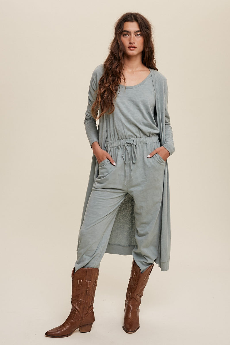 Cotton Jumpsuit and Long Cardigan Knit Set in Sage