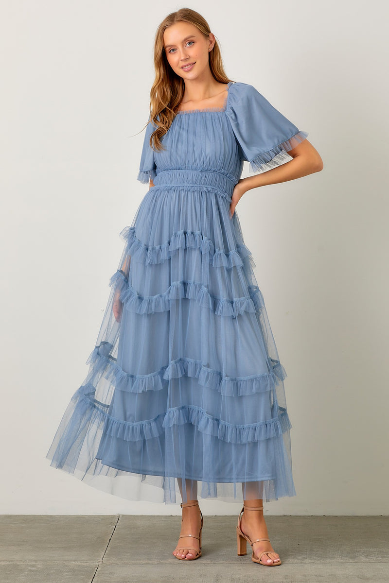 SHEER TIERED TULLE MAXI DRESS (1XL-3XL DUSTY BLUE)