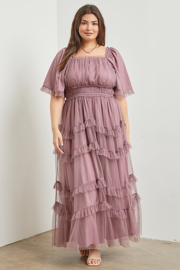 SHEER TIERED TULLE MAXI DRESS (1XL-3XL DUSTY LAVENDER)