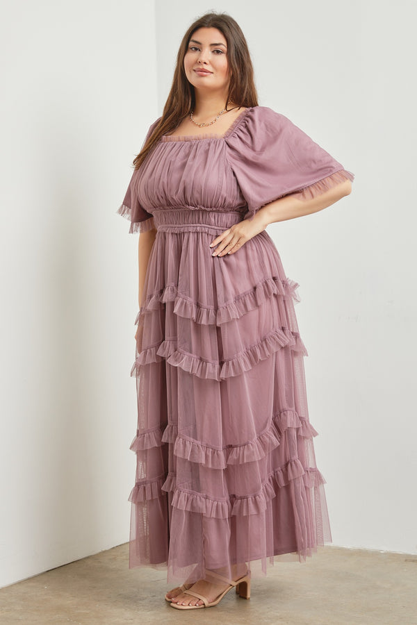 SHEER TIERED TULLE MAXI DRESS (1XL-3XL DUSTY LAVENDER)