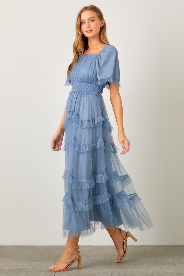 SHEER TIERED TULLE MAXI DRESS (1XL-3XL DUSTY BLUE)