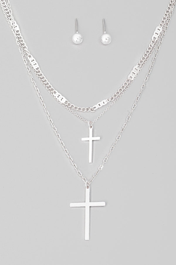 Double Cross Charm Layered Chains Necklace Set in Silver