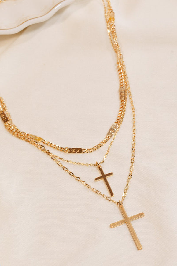 Double Cross Charm Layered Chains Necklace Set in Gold