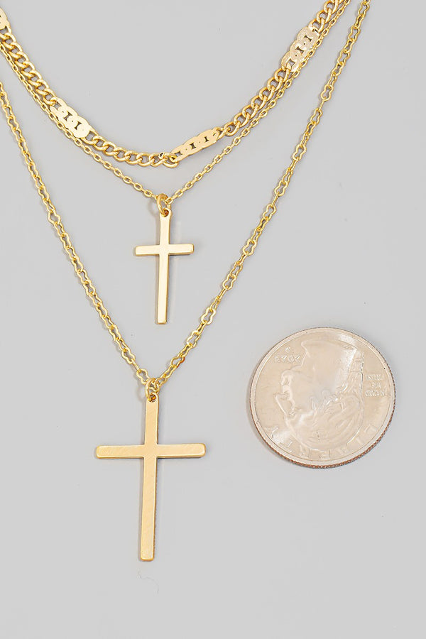 Double Cross Charm Layered Chains Necklace Set in Gold