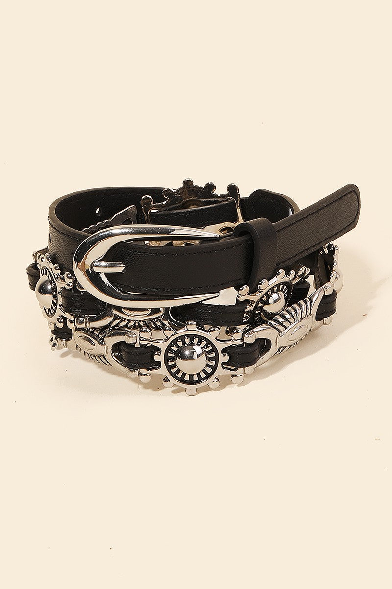 Metallic Faux Leather Decor Fasion Belt in Black