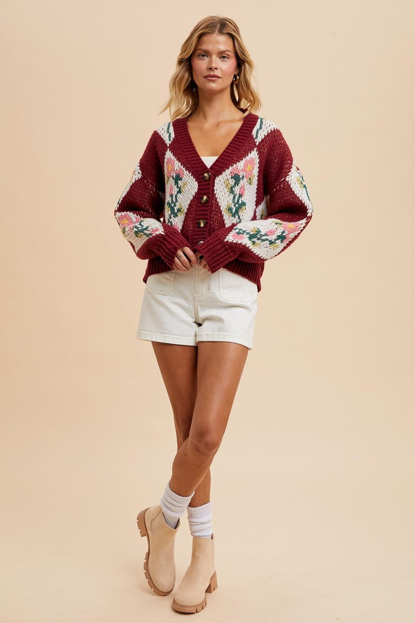 CROPPED CHUNKY FLORAL CARDIGAN (MERLOT)