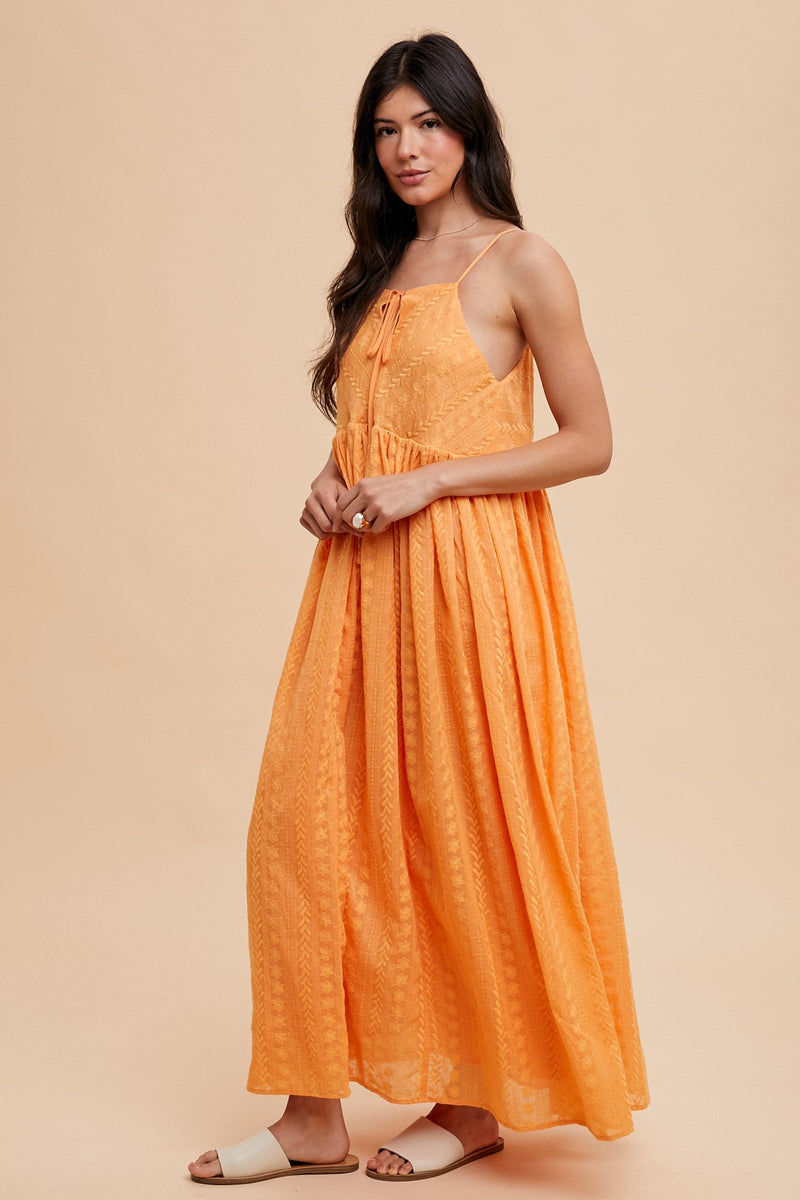 ALL OVER EMBROIDERED MAXI STRAP DRESS in Tangelo