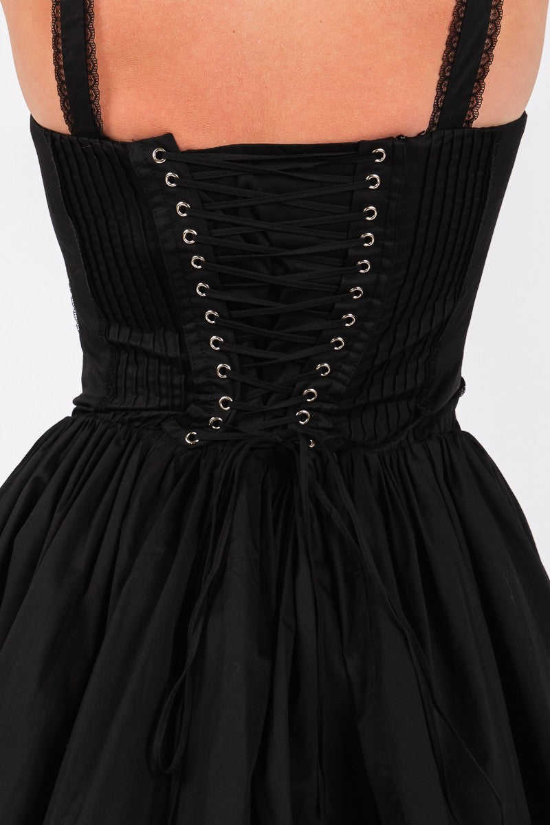 Pleated Lace Detail Corset Mini Dress in Black