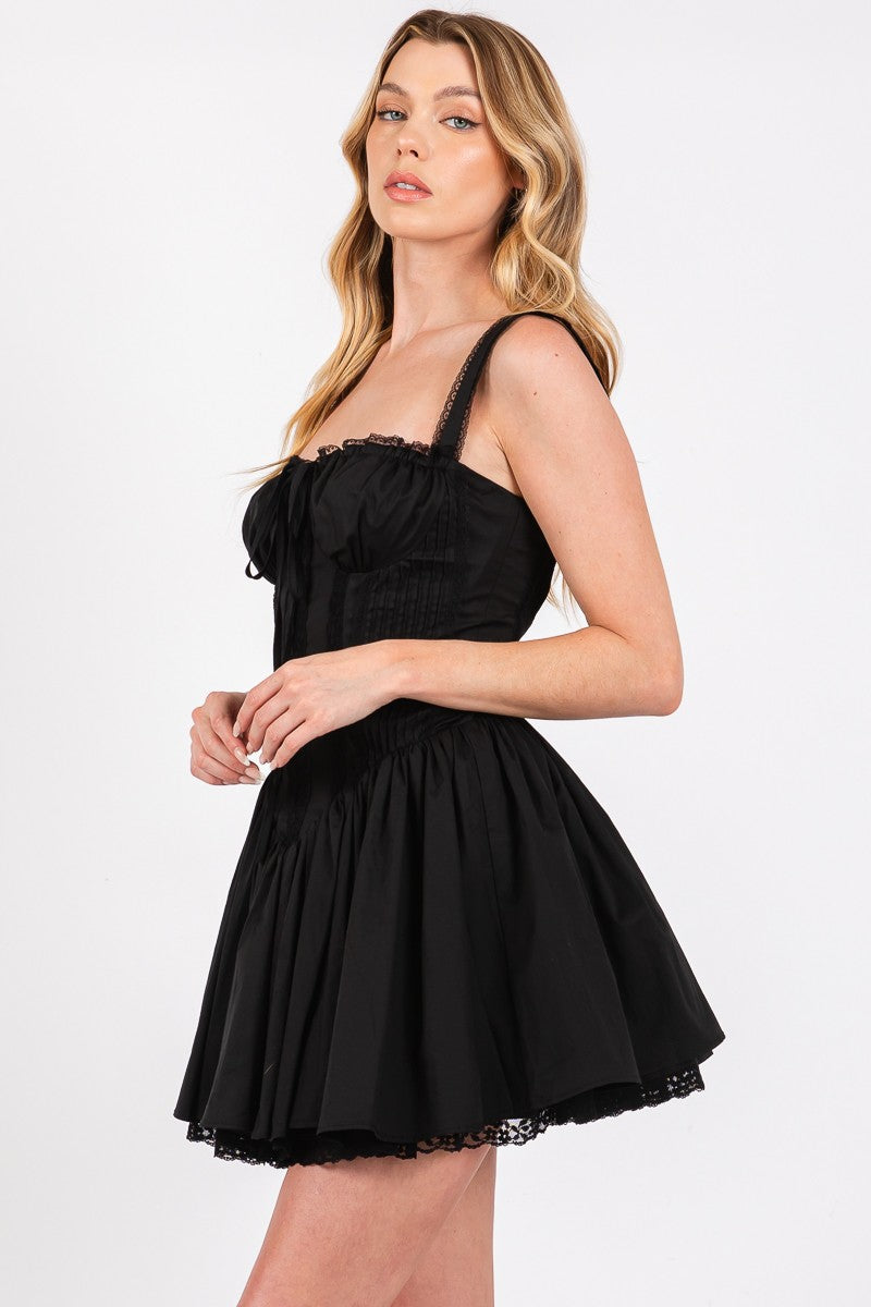 Pleated Lace Detail Corset Mini Dress in Black