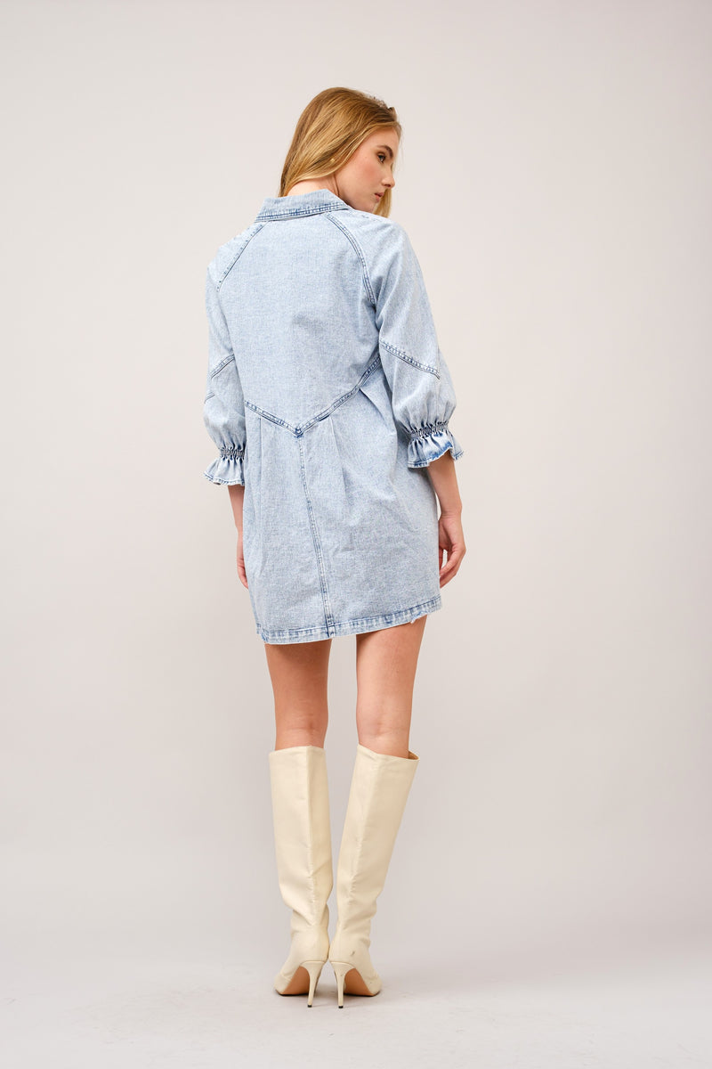 Washed Denim Puff 3/4 Snap Up Shirt Dress