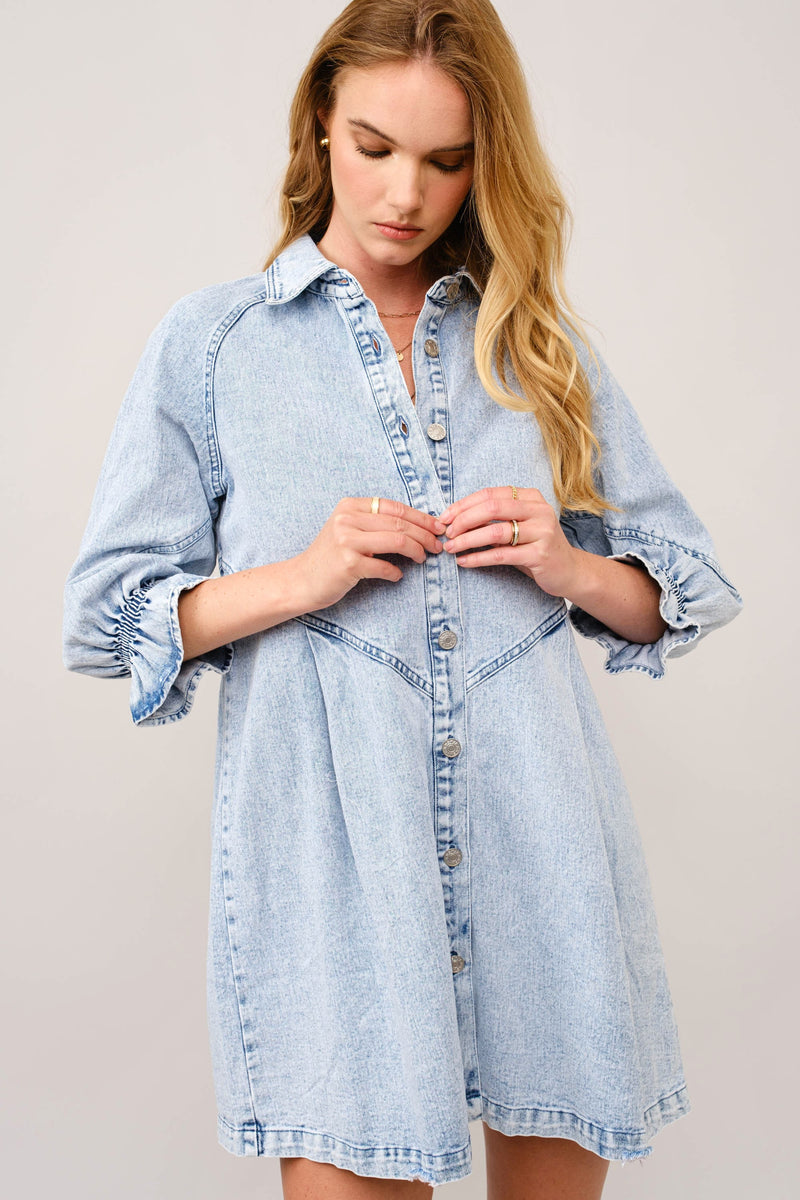 Washed Denim Puff 3/4 Snap Up Shirt Dress