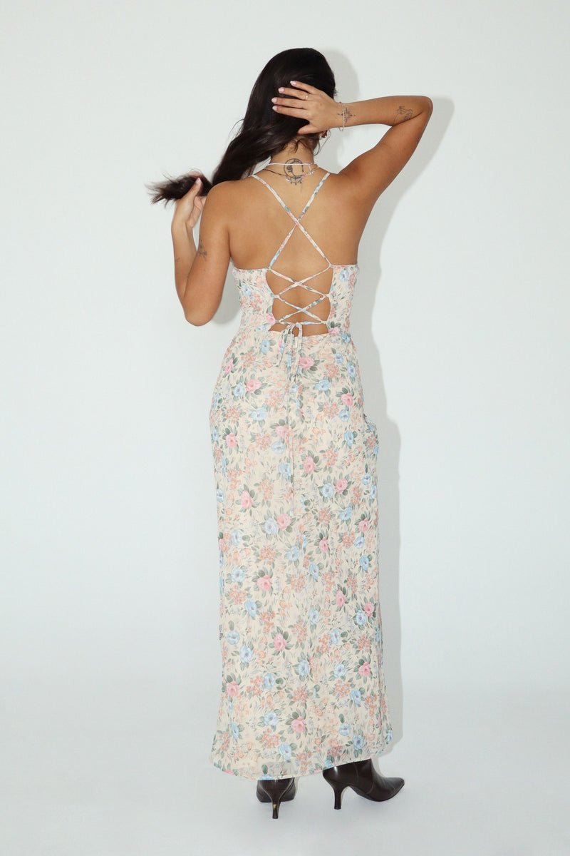 PEACH FLORAL CHIFFON LONG DRESS- Final Sale