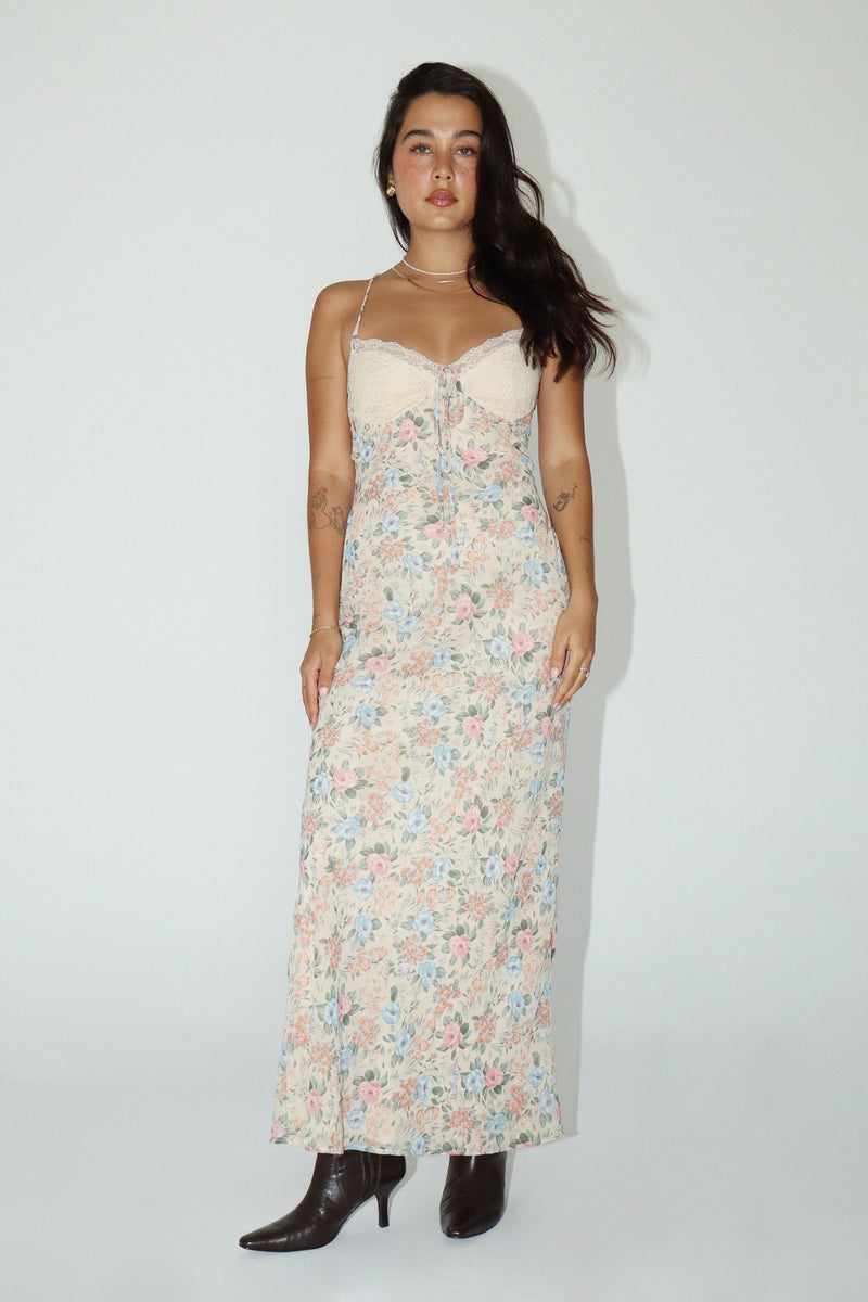 PEACH FLORAL CHIFFON LONG DRESS- Final Sale