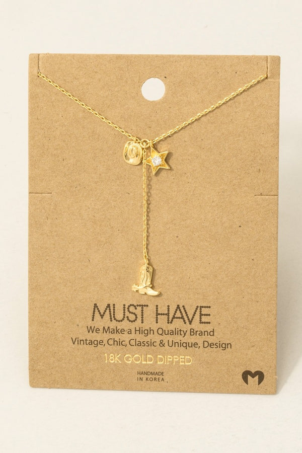 Western Cowboy Boots Y Necklace -Rhodium Plated & 18K Gold Dipped