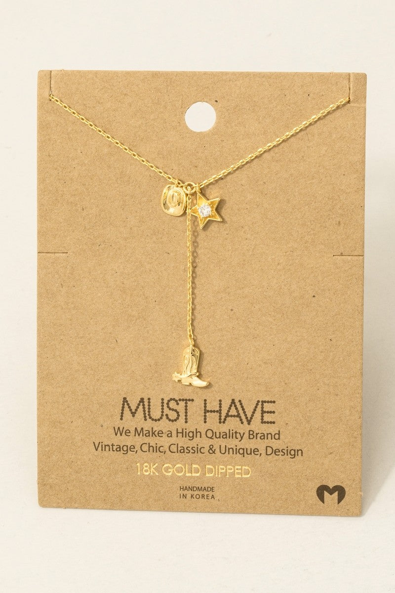 Western Cowboy Boots Y Necklace -Rhodium Plated & 18K Gold Dipped