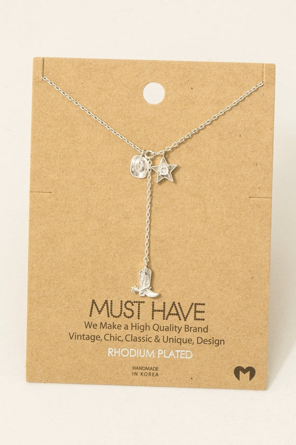 Western Cowboy Boots Y Necklace -Rhodium Plated & 18K Gold Dipped