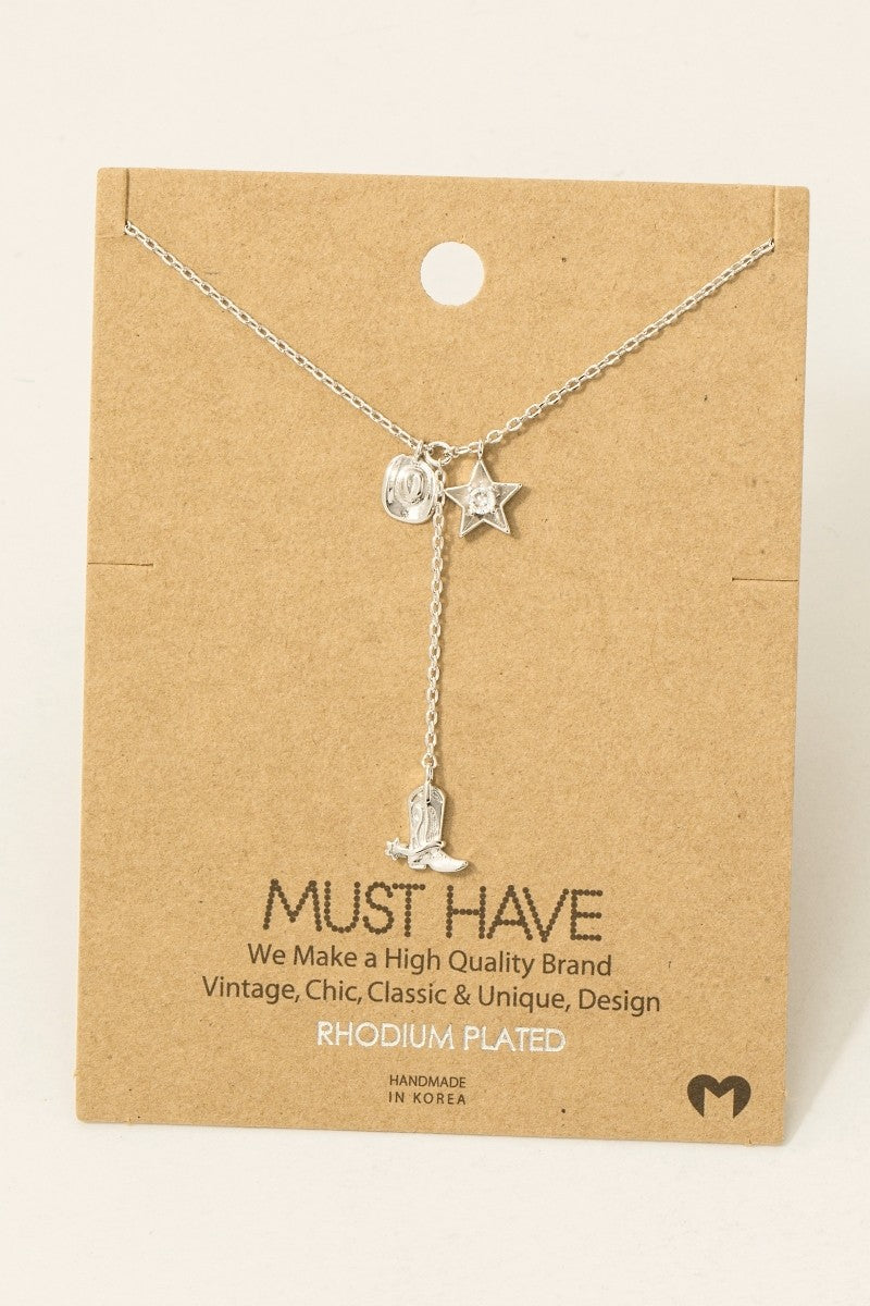Western Cowboy Boots Y Necklace -Rhodium Plated & 18K Gold Dipped