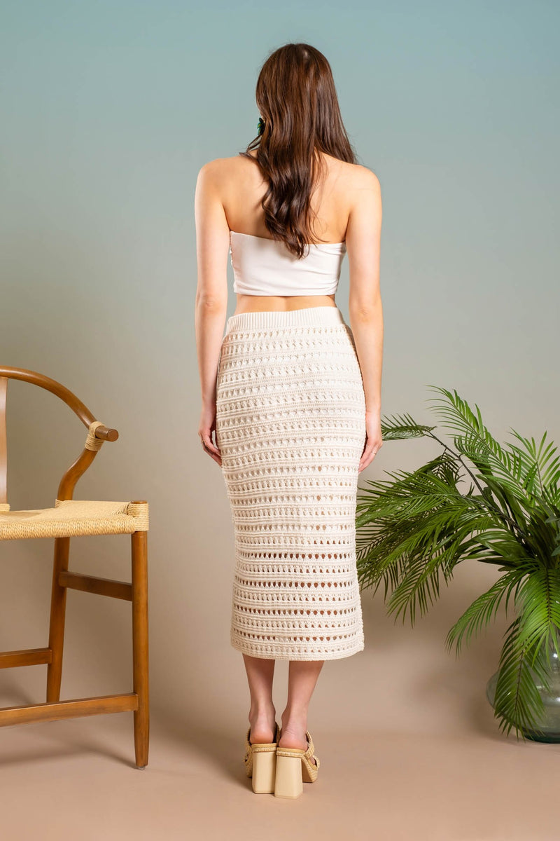 SHEER CROCHET KNIT HIGH WAIST MIDI SKIRT- Final Sale