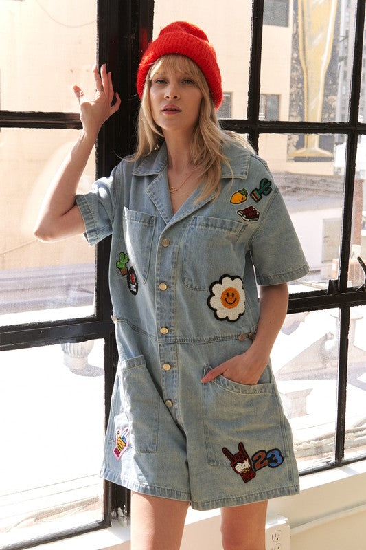 WASHED SHORT SLV BUTTON DOWN ROMPER W/ PATCHES (S-XL)