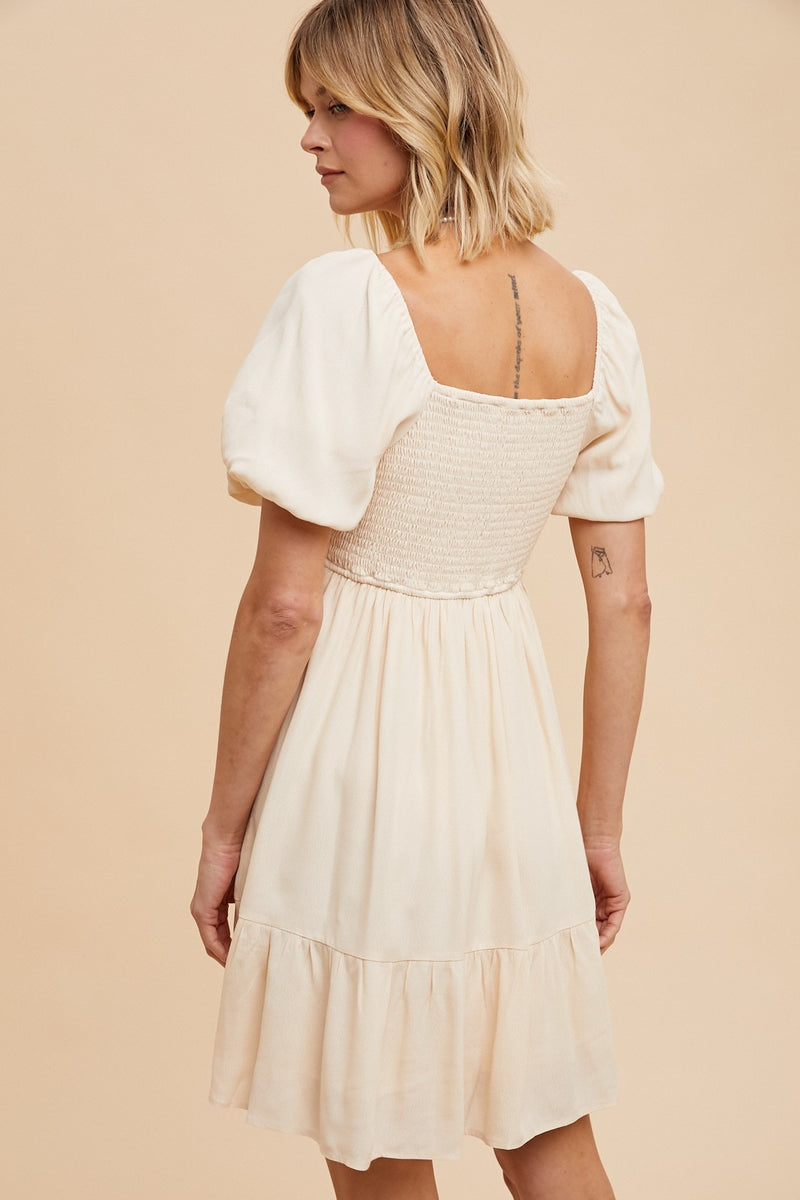 Bubble Sleeve U Notched Mini Dress in Cream