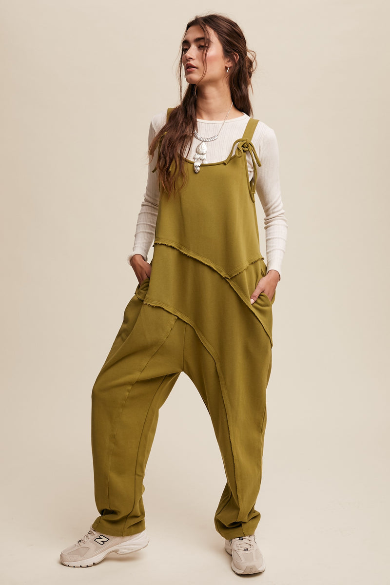 Tie Shoulder Asymmetrical Cut Design Jumpsuit