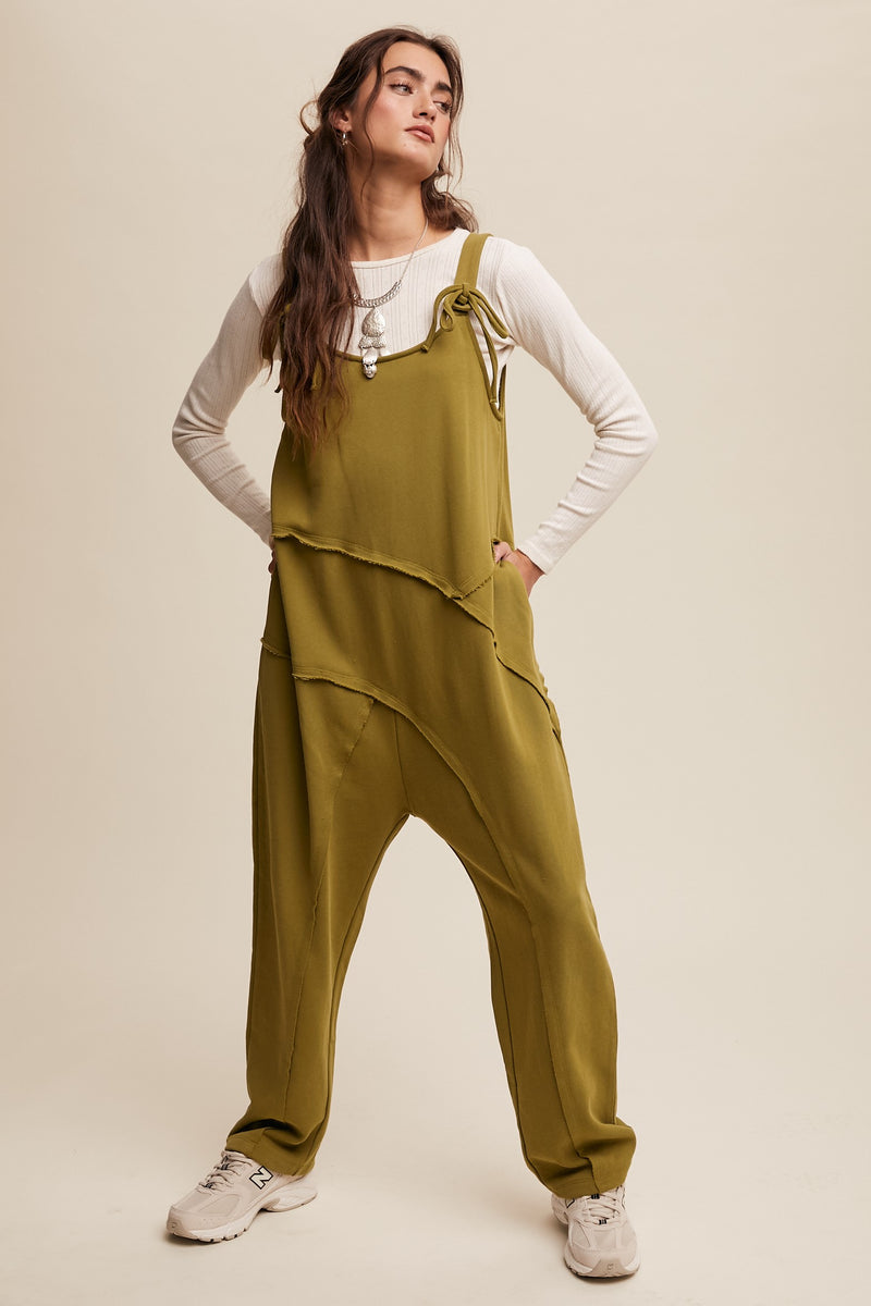 Tie Shoulder Asymmetrical Cut Design Jumpsuit