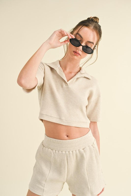 Waffle Knit Polo Crop Top (Top only)