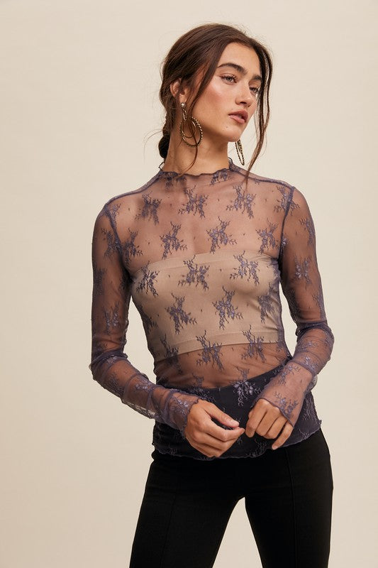 Lace Mock Neck Long Sleeve Layering Top in Midnight (XS-XL)