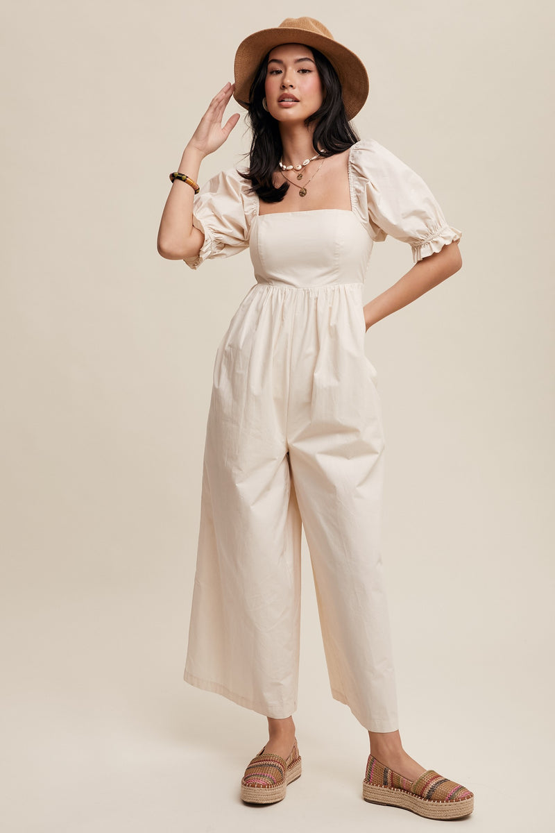 Square Neck Puff Sleeve Babydoll Jumpsuit