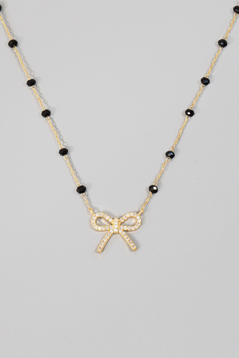 Cz Pave Ribbon Bow Pendant Beaded Necklace