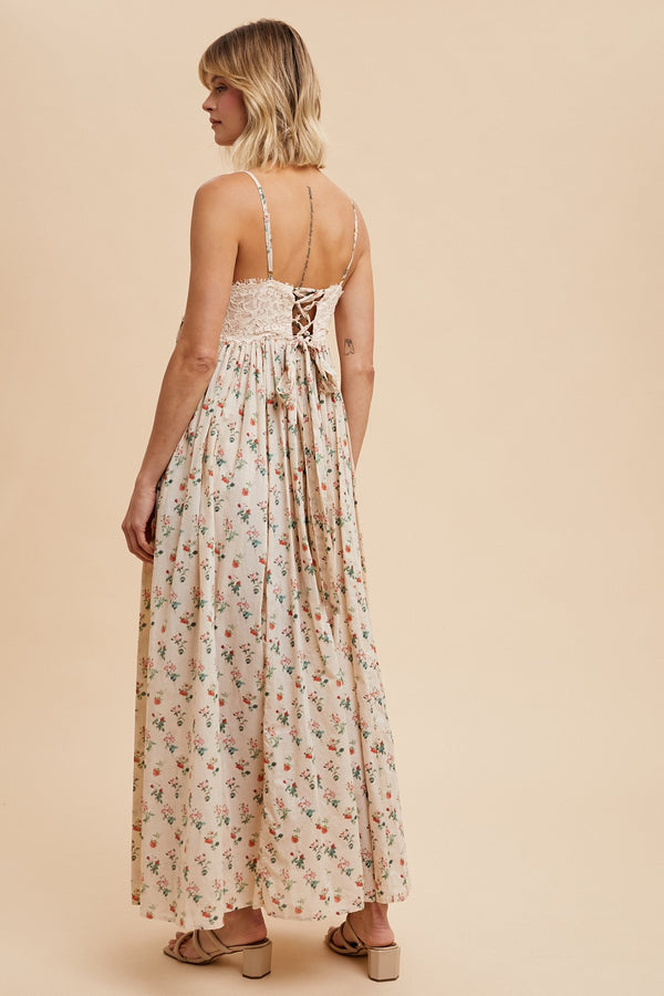 LACE CONTRAST COTTON FLORAL MAXI DRESS in Rose Peach