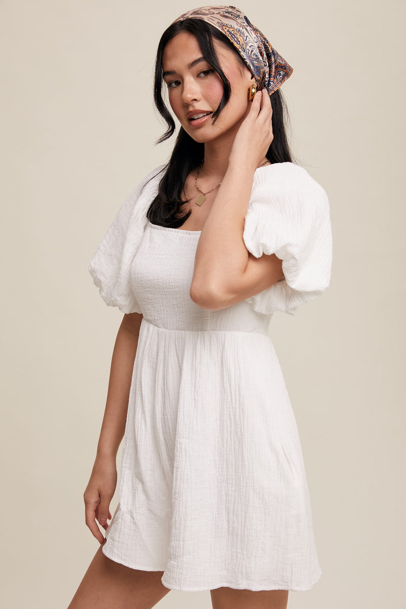 Square Neck Puff Sleeve Babydoll Romper in White- Final Sale