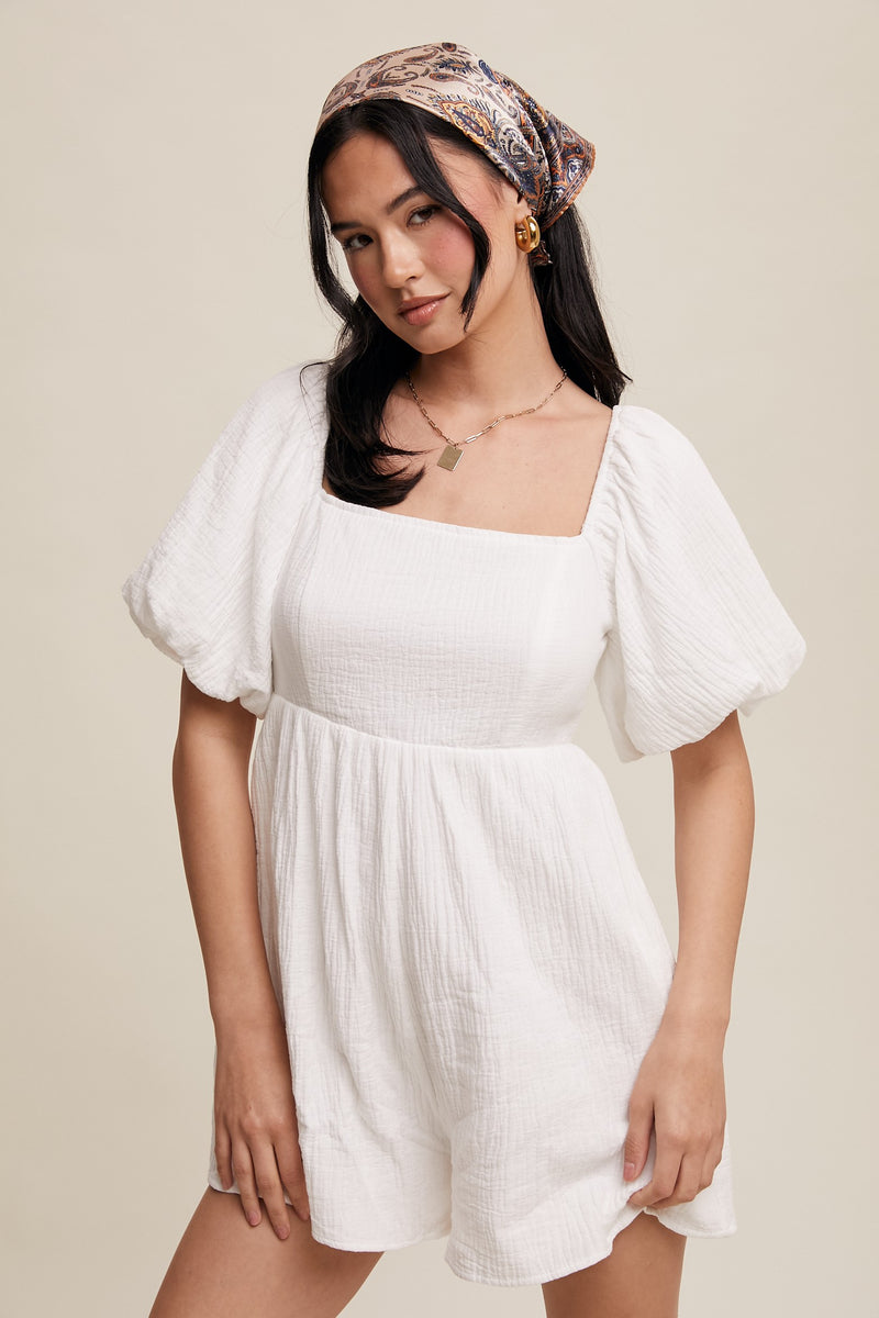 Square Neck Puff Sleeve Babydoll Romper in White- Final Sale