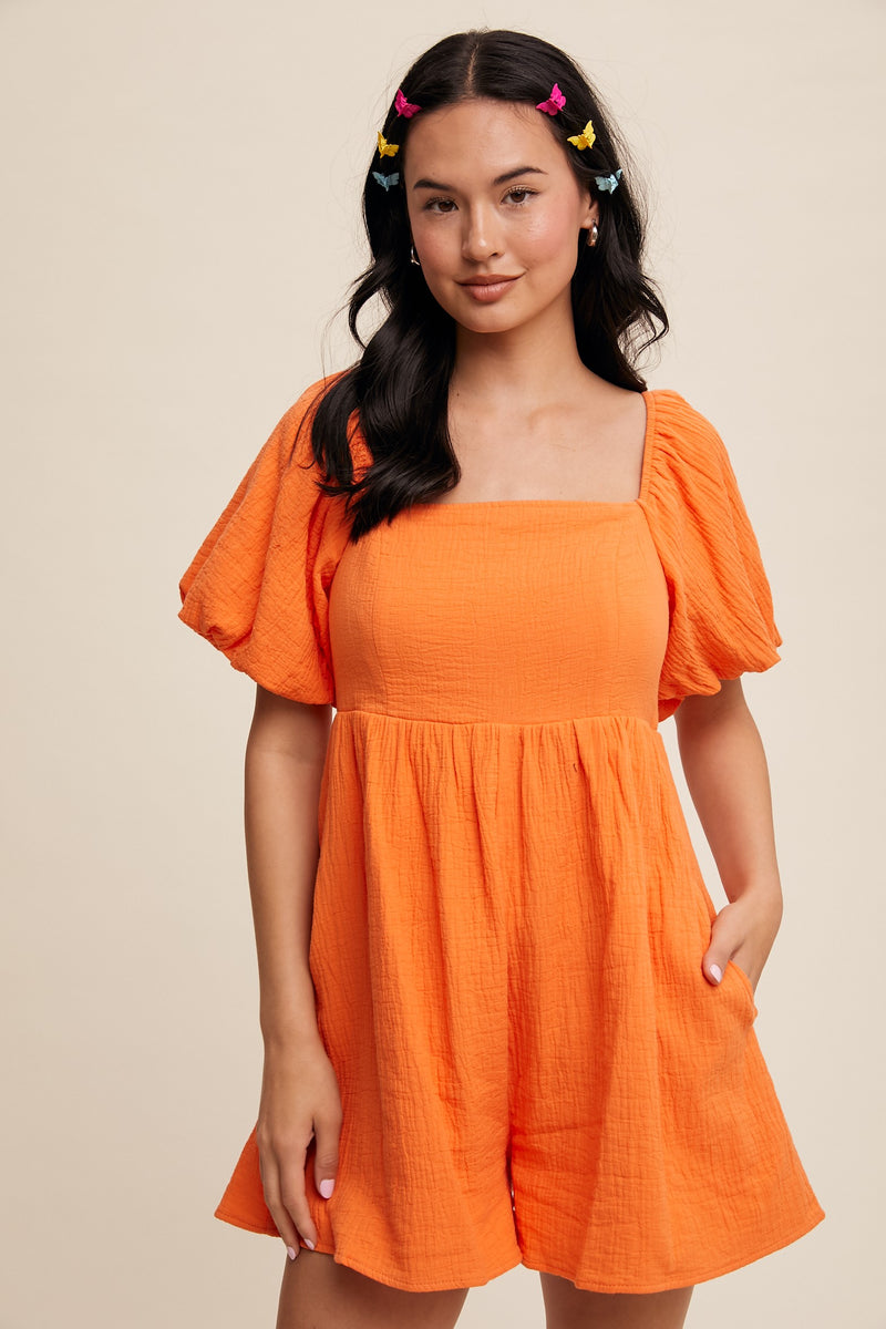 Square Neck Puff Sleeve Babydoll Romper in Orange- Final Sale