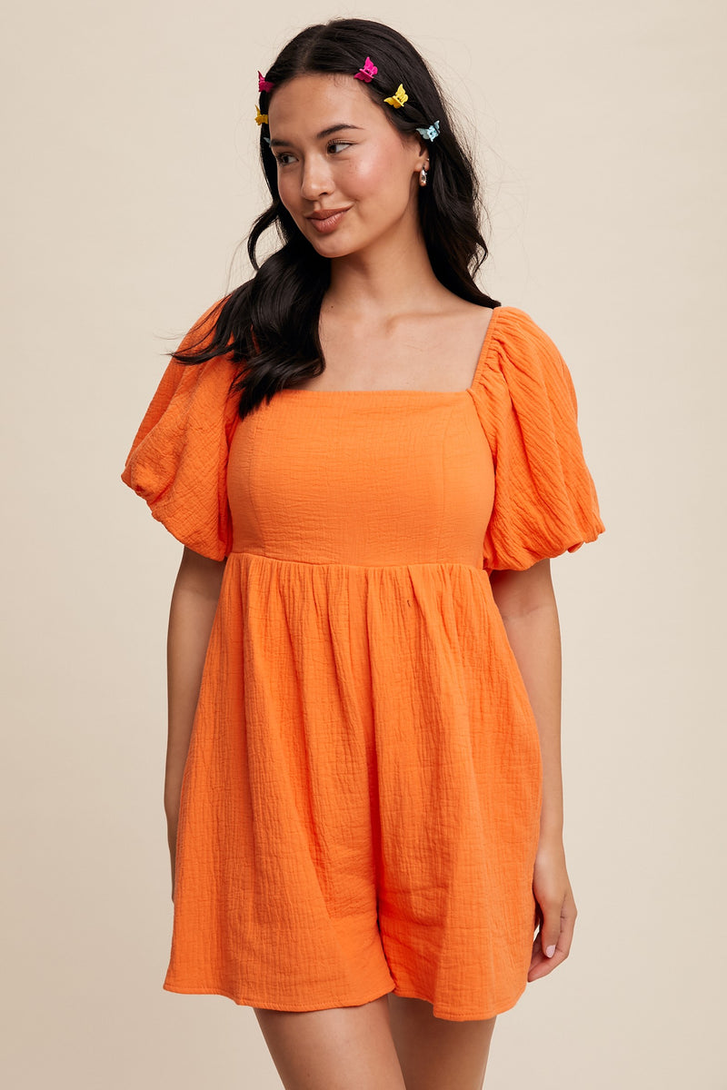 Square Neck Puff Sleeve Babydoll Romper in Orange- Final Sale